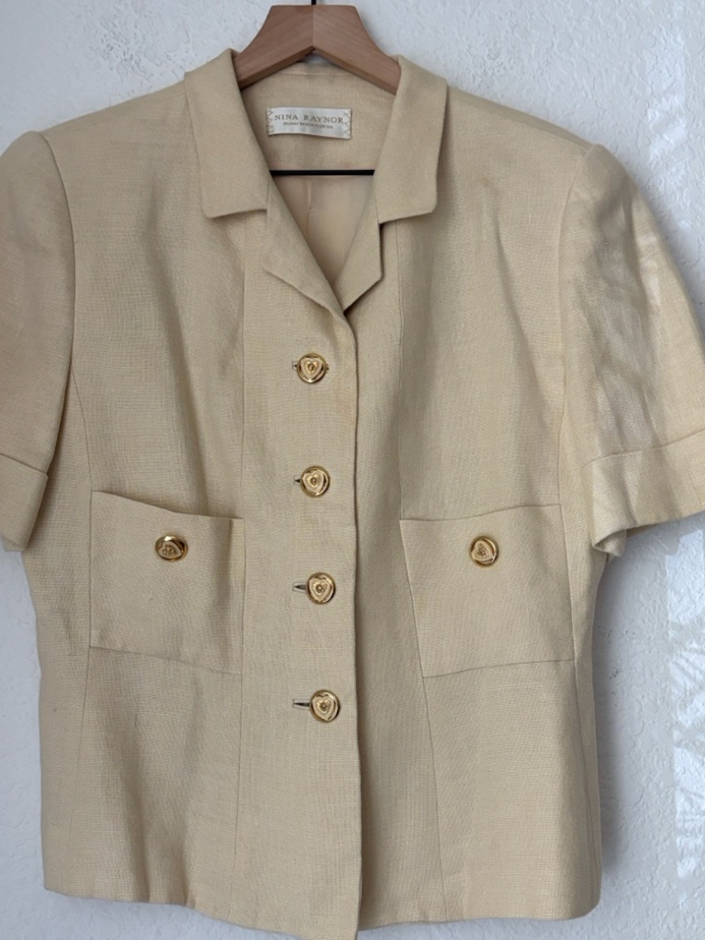 Cream Short-Sleeve Blazer with Gold Buttons